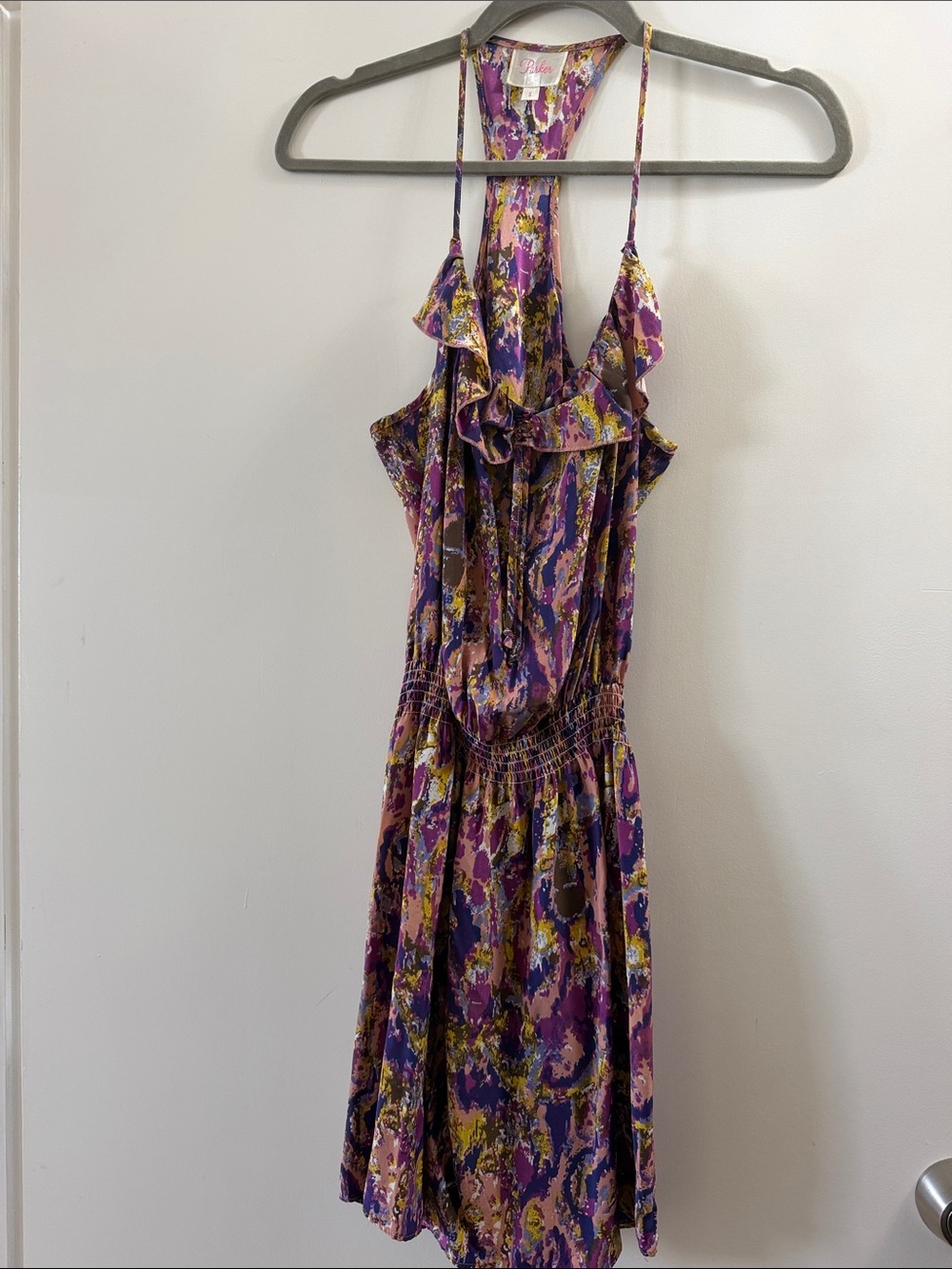 Parker Purple Multi-Print Ruffle Halter Mini Dress